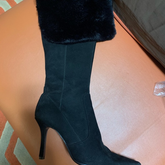 Black Suede Mid Calf with Fur Boots - Picture 1 of 6